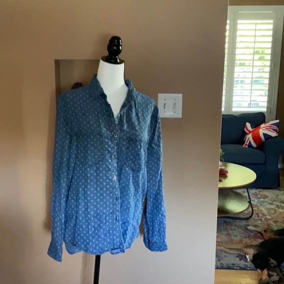 Tuxedo back denim blouse with small print. - Picture 1 of 2